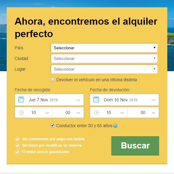 Cuadro de búsqueda para alquilar un auto en rentalcars.com