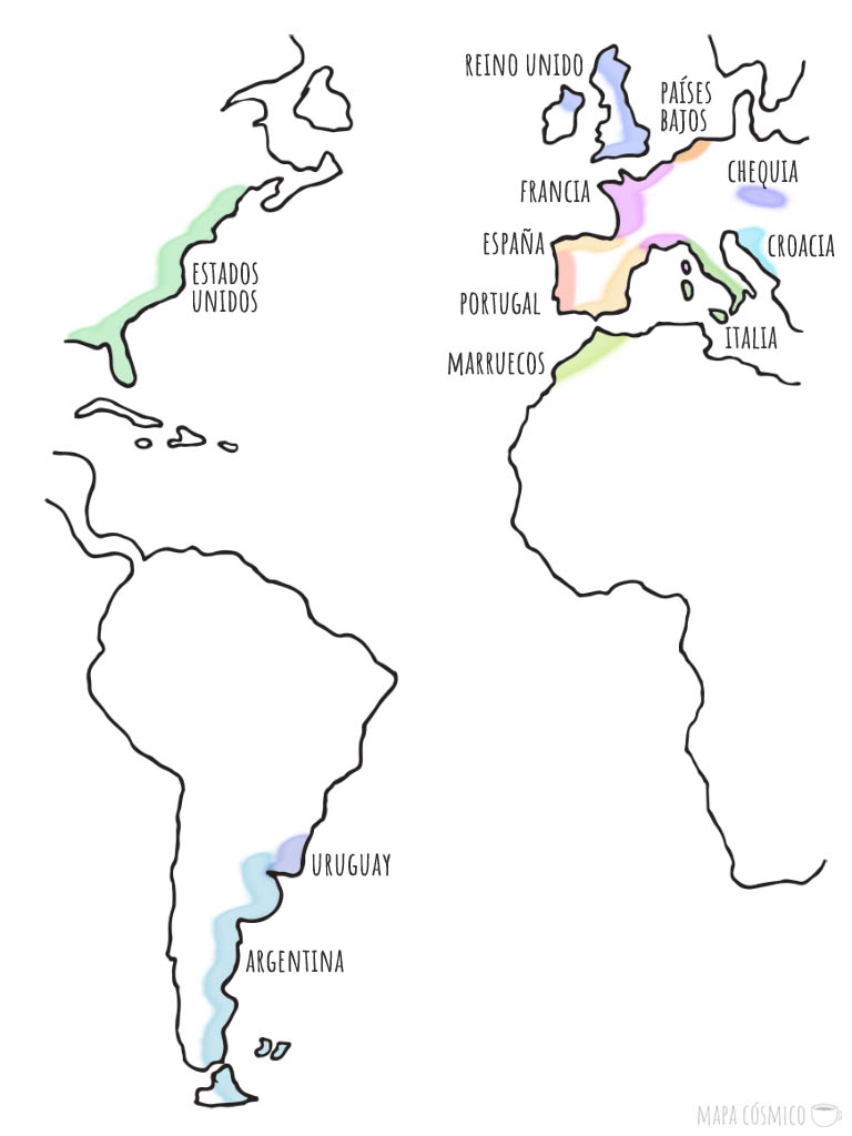 Mapa del Océano Atlántico con los países visitados por mapa cósmico