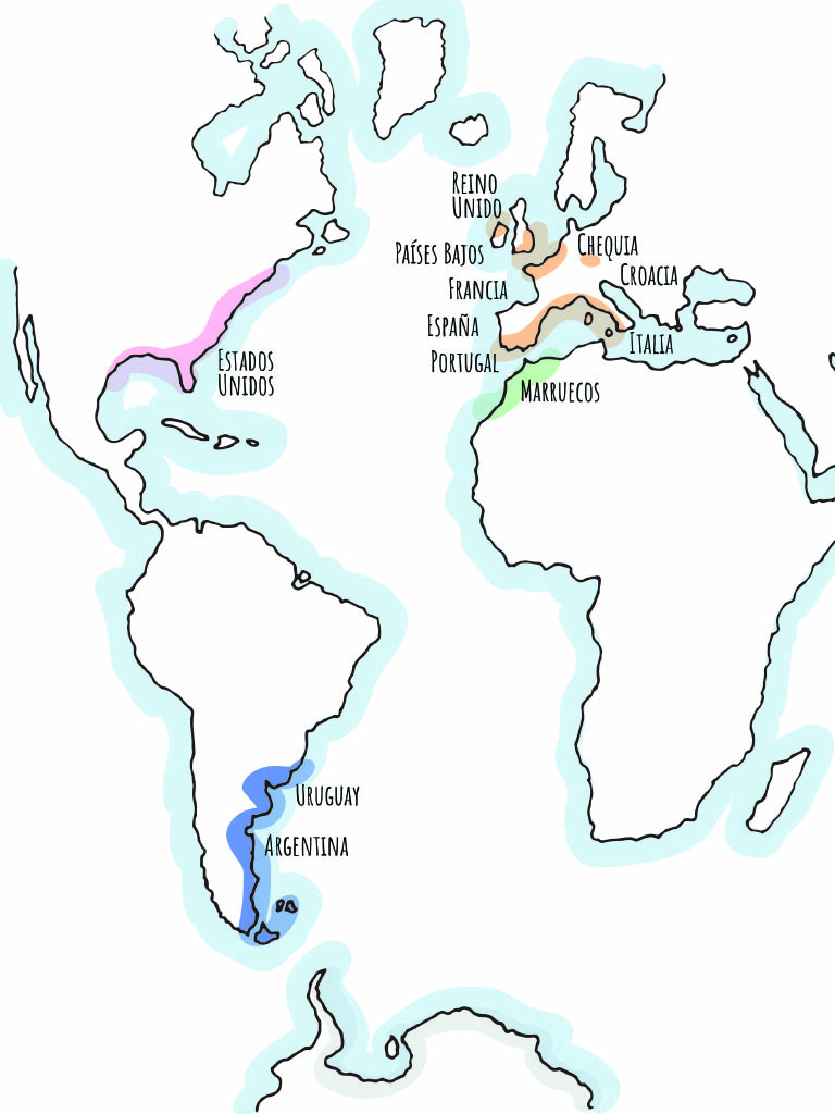 Mapa del Océano Atlántico con los países visitados por mapa cósmico